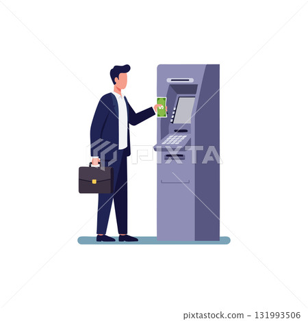 Businessman withdrawing money from ATM machine with briefcase vector illustration 131993506