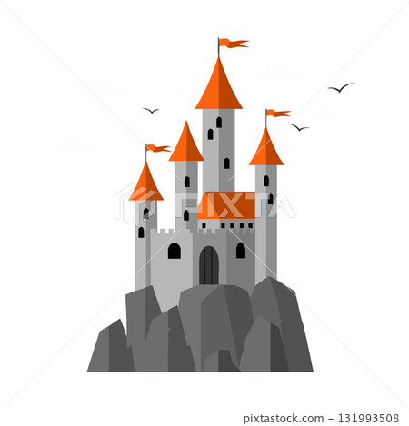 Medieval castle with orange roofs on rocky hill vector illustration design Medieval castle with orange roofs on rocky hill vector illustration design 131993508