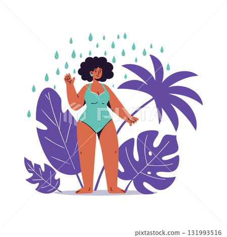 Curvy woman in green swimsuit with purple tropical leaves and raindrops vector illustration 131993516