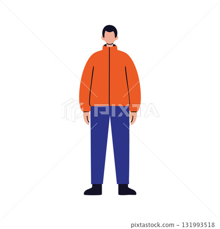 Man standing wearing orange jacket and blue pants vector illustration in minimal style 131993518