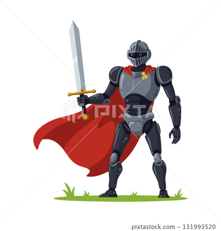 Medieval knight in black armor holding sword with red cape standing on grass vector illustration Medieval knight in black armor holding sword with red cape standing on grass vector illustration 131993520