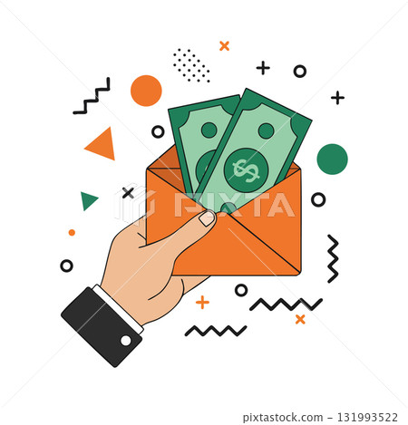 Hand holding envelope with cash money bills and colorful geometric shapes vector illustration Hand holding envelope with cash money bills and colorful geometric shapes vector illustration 131993522