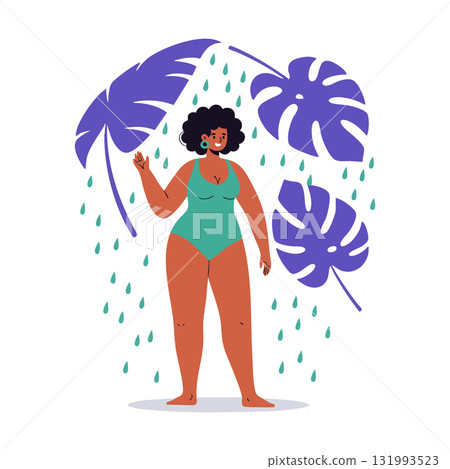 Woman in green swimsuit with tropical purple leaves and raindrops summer theme vector illustration Woman in green swimsuit with tropical purple leaves and raindrops summer theme vector illustration 131993523