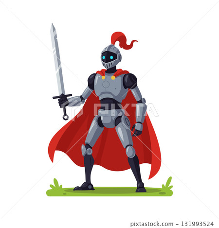 Robot knight warrior holding sword with red cape standing on grass vector illustration Robot knight warrior holding sword with red cape standing on grass vector illustration 131993524