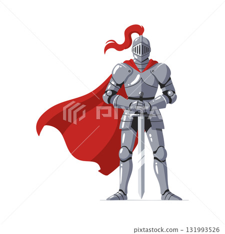 Medieval knight in shining armor with red cape and sword vector illustration 131993526