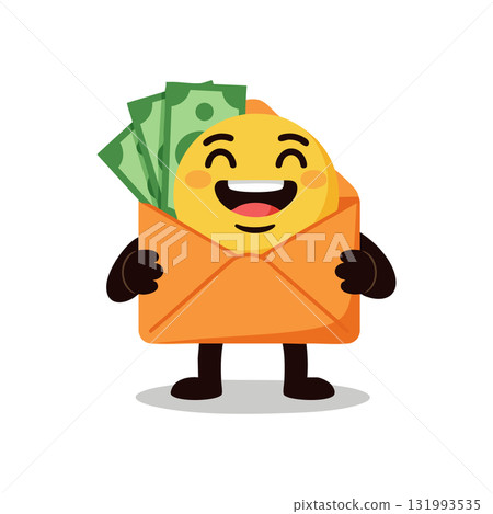 Happy emoji holding orange envelope with money bills cheerful financial concept vector 131993535