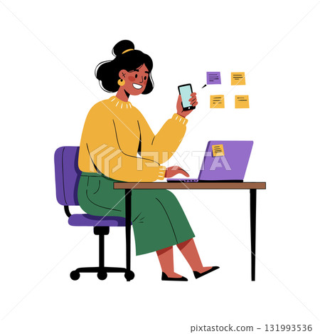 Woman working at desk with laptop and smartphone in casual outfit vector illustration Woman working at desk with laptop and smartphone in casual outfit vector illustration 131993536