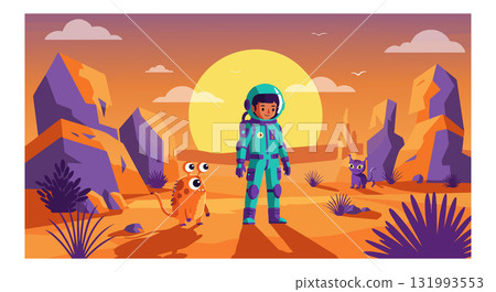 Astronaut and dog exploring orange rocky alien landscape under large sun vector illustration Astronaut and dog exploring orange rocky alien landscape under large sun vector illustration 131993553
