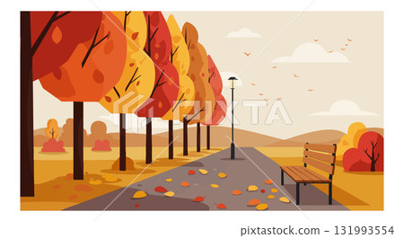 Autumn Park Scene with Colorful Trees and Fallen Leaves in Landscape Orientation 131993554