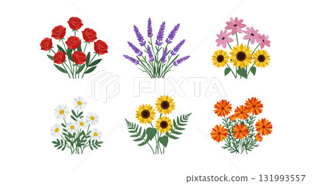 Colorful flower bouquets with roses lavender sunflowers daisies and marigolds floral vector illustration 131993557