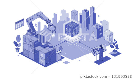 Industrial automation with robotic arm and computer control in modern factory setting 131993558