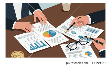 Business meeting analyzing financial charts and graphs with documents and glasses on table 131993562