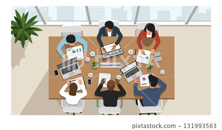 Business Team Meeting Collaboration with Laptop and Documents in Office Environment Business Team Meeting Collaboration with Laptop and Documents in Office Environment 131993563