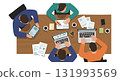 Top View Team Working on Laptops and Tablets in Office Environment with Documents and Coffee 131993569