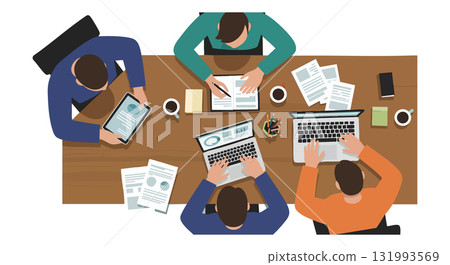 Top View Team Working on Laptops and Tablets in Office Environment with Documents and Coffee 131993569