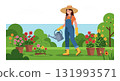 Woman watering garden flowers in colorful outdoor spring scene with plants vector illustration 131993571