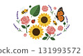 Sunflowers pink roses lavender flowers bees butterfly ladybug vector illustration natural garden plants 131993572