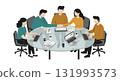 Business meeting teamwork collaboration around round table in office setting vector illustration 131993573