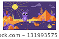 Alien creature and orange cat cartoon landscape vector illustration with purple sky and sun 131993575