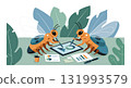 Two bees collaborating on tablet with documents and pen in green office setting vector 131993579