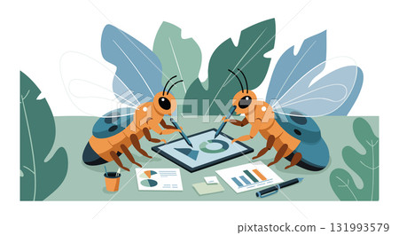Two bees collaborating on tablet with documents and pen in green office setting vector 131993579