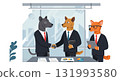 Business Dogs Shaking Hands in Office Meeting with Fox Colleague Wearing Glasses 131993580