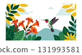 Hummingbird Feeding from Orange Flowers Surrounded by Green and Yellow Leaves in Nature Scene 131993581