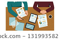 Business meeting with financial reports and digital devices on wooden table vector illustration 131993582