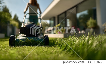 A dedicated woman actively mows the lush green lawn with a powerful gasoline lawnmower on a sunny day, emphasizing yard work and home maintenance. AI Generated 131993633