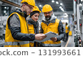 Industrial engineers in high-visibility gear and hard hats collaboratively inspecting quality assurance notes on a clipboard, signifying teamwork and manufacturing planning. AI Generated 131993661