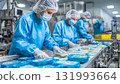Food production workers in full sanitary clothing are preparing packaged meals on a conveyor belt, emphasizing hygiene, quality control, and industrial safety. AI Generated 131993664