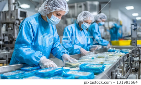 Food production workers in full sanitary clothing are preparing packaged meals on a conveyor belt, emphasizing hygiene, quality control, and industrial safety. AI Generated 131993664