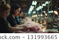 A skilled textile worker uses an industrial sewing machine, carefully guiding fabric for mass production, symbolizing manual labor and apparel manufacturing. AI Generated 131993665