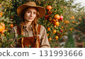 A proud female farmer stands smiling beneath a pomegranate tree, showcasing healthy, organic fruit, symbolizing agricultural business, natural food, and harvest joy. AI Generated 131993666