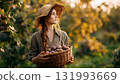 A female farmer stands proudly beneath an abundant fig tree, signifying bountiful harvest, organic farming, and joy in agricultural work. AI Generated 131993669