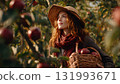 A happy woman farmer smiles while picking fresh, organic apples into a wooden crate, symbolizing autumn harvest and healthy food. AI Generated 131993671