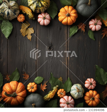 Colorful autumn pumpkins and gourds on rustic wooden table Colorful autumn pumpkins and gourds on rustic wooden table 131994096