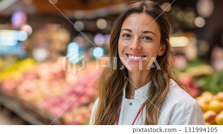 Smiling employee at a grocery store showcasing fresh fruits and vegetables 131994105