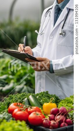 Health expert evaluating fresh produce at an outdoor market in autumn 131994106