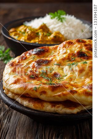 Flavorful curry dish with rice and flatbread served on wooden table 131994107