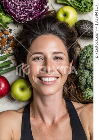 Joyful woman surrounded by fresh fruits and veggies for health 131994117