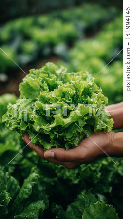 Freshly harvested lettuce held in hands from a vibrant vegetable garden 131994146