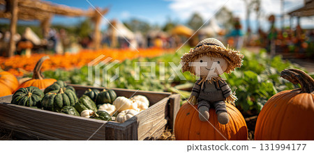 Festive harvest scene with scarecrow and pumpkins in a sunny field 131994177