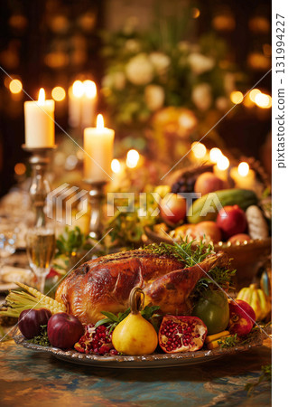 Elegant banquet table set with turkey and fresh fruits for dinner Elegant banquet table set with turkey and fresh fruits for dinner 131994227