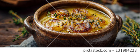 Delicious baked onion dish with crispy toppings and fresh herbs Delicious baked onion dish with crispy toppings and fresh herbs 131994228