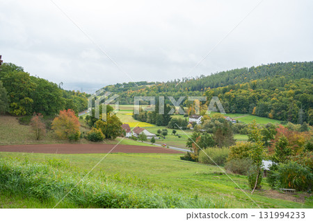 Countryside landscape with plowed fields, a green grass strip, apple trees and dense forest under cloudy sky calm rural scene Countryside landscape with plowed fields, a green grass strip, apple trees and dense forest under cloudy sky calm rural scene 131994233