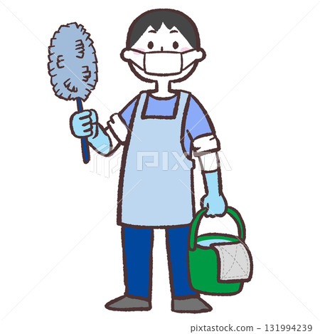 一名男子戴著口罩打掃的插圖 131994239