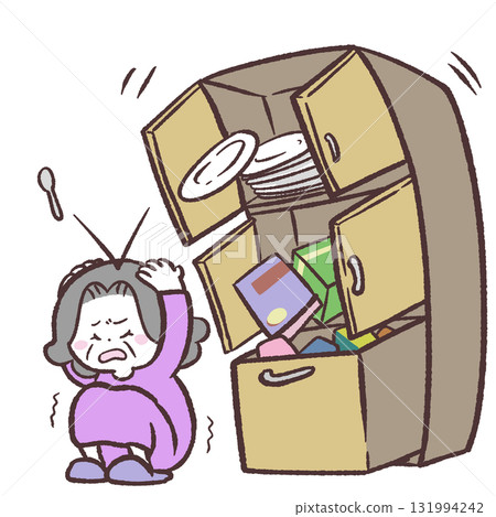 Illustration of a senior woman and a cupboard with items flying out of it during an earthquake Illustration of a senior woman and a cupboard with items flying out of it during an earthquake 131994242