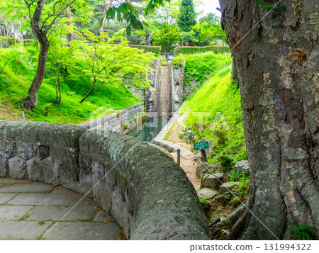 朝霞運河的景色,周圍綠樹環繞 朝霞運河的景色,周圍綠樹環繞 131994322