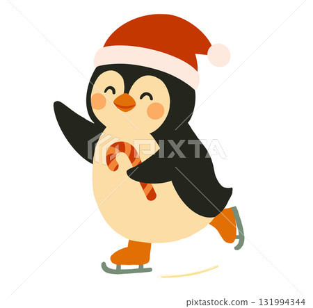 Cartoon penguin with Santa hat skating 131994344